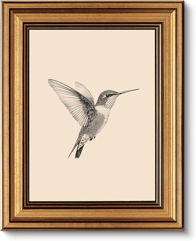 VIYYIEA Vintage Gold Framed Wall Art – Hummingbird Sketch, 8x10 IN | Cute yet exquisite, Affordable & High quality, Bathroom wall decor