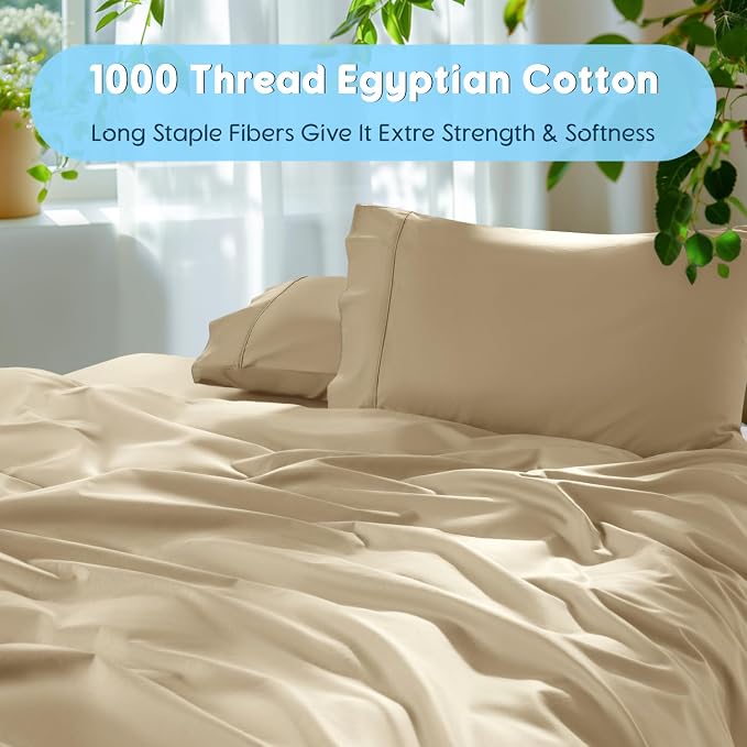 SONORO KATE 1000 Series 100% Egyptian Cotton King Sheet Set,4 Pieces | Soft,Breathable Long Staple,Sateen Weave,Luxury 5-Star Hotel Bed Sheets,16" Deep Pocket,Beige