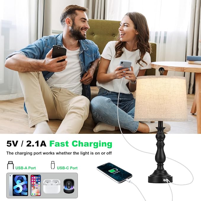 23'' Black Table Lamps Set of 2, Lamps for Bedroom, USB C+A Ports | Bedside Lamps with 3 Color Temperatures, Knob Switch, Lamps for Living Room, Office, Night Stands, End Table, Bulbs Included