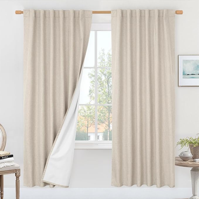 100% Blackout Thermal Linen Curtains 78 Inches for Living Room | Oatmeal Bedroom Curtains, Room Darkening, Farmhouse Drapes, Rod Pocket Back Tab, with White Liner, 2 Panels, 52 x 78 Inch