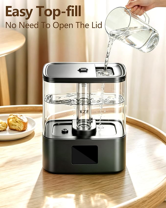 KZF 4L Top Fill Humidifiers for Bedroom & 40H Runtime - Cool Mist Humidifier, 3 Mist Levels, 8H Timer, Essential Oil Tray, Humidity Display, Quiet for Baby, Plants, Large Room (Black, 4L)