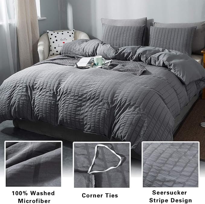 AveLom Seersucker Duvet Cover Set Oversized Queen Size Drey (98 x 98 inches), 3 Pieces (1 Duvet Cover, 2 Pillow Cases), Soft Washed Microfiber Textured Duvet Cover with Zipper Closure, Corner Ties