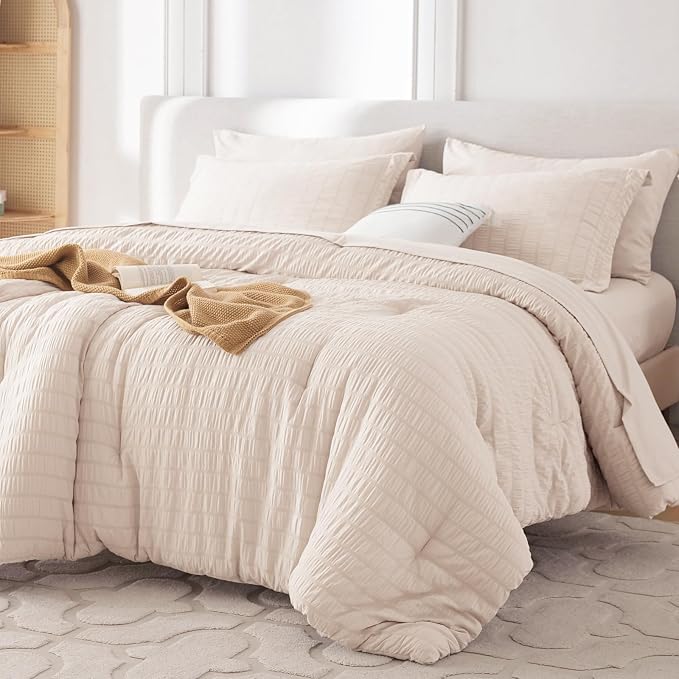 7 Pieces Oversized Queen Comforter Set, Seersucker Bed in a Bag Oversized Queen Size, All Season Luxury Bedding Set with Comforter, Flat Sheet, Fitted Sheet, Pillowcases & Shams, Beige