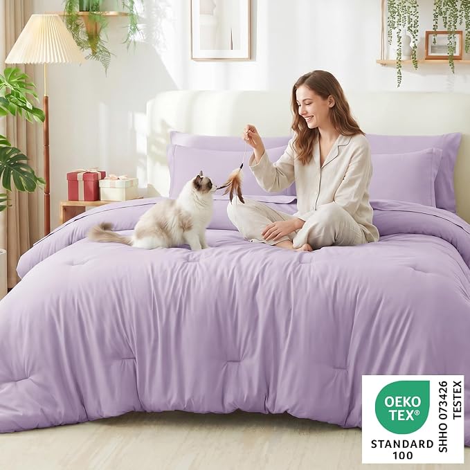 Queen Comforter Set Lavender, 7 Pieces Bed in a Bag | OEKO-TEX Certified, All-Season, Bedroom, 240GSM Down Alternative Comforter, Flat & Fitted Sheets, 2 Pillowcases & 2 Shams