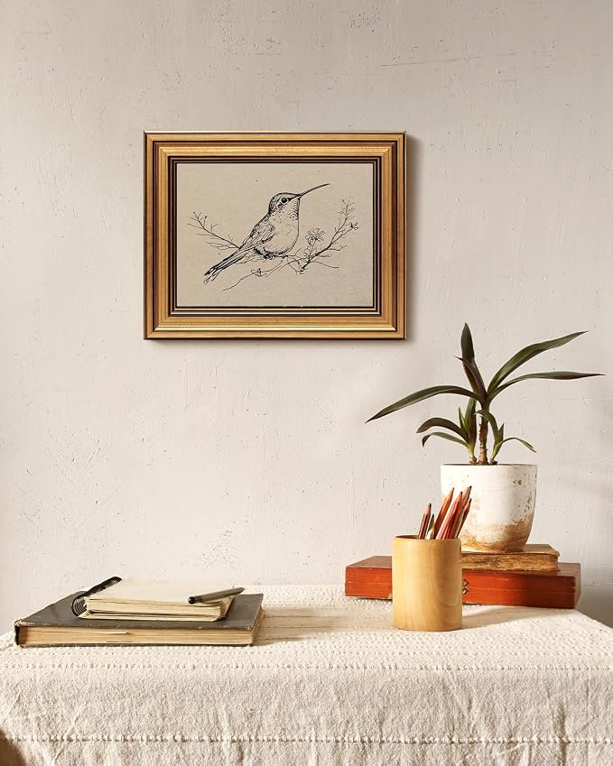 VIYYIEA Vintage Gold Framed Wall Art for Living Room, Hummingbird Canvas Prints Home Decor, Oil Painting Picture, Bedroom Wall Decor Gifts for Friends or Family -【Resting Hummingbird】-(10L x 8W)