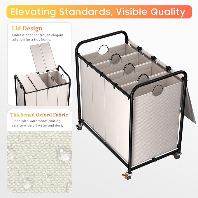 Laundry Sorter 4 Sections 48 Gal, Rolling Laundry Basket with Wheels ＆ Lid | Laundry Hamper, 4 Separated Removable Bags, Lockable Wheels, Dirty Clothes Hamper for Laundry Room Organizer, White