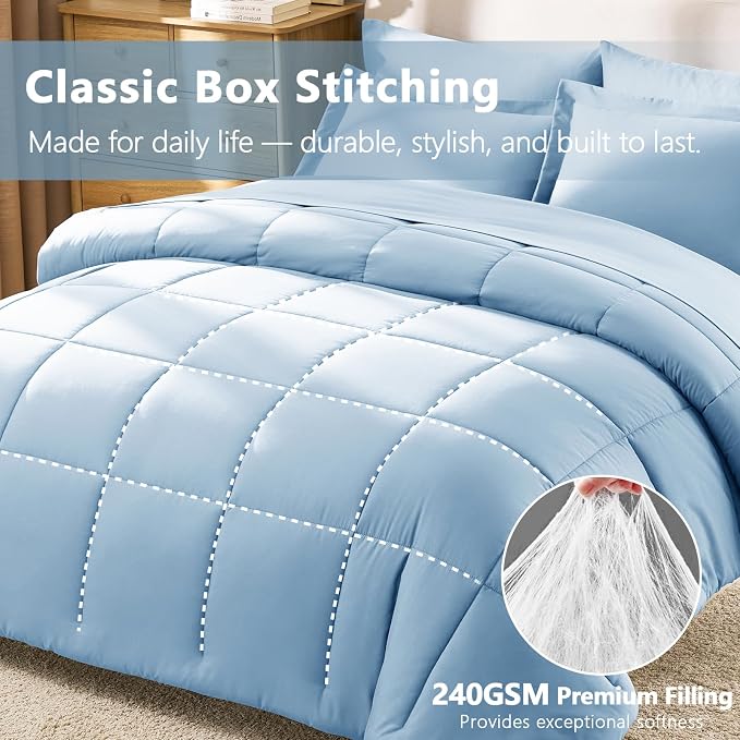 Full Size Comforter Sets, 7-Piece Bed in a Bag, Baby Blue | OEKO-TEX Certified, Box-Stitched Design, 240 GSM Down Alternative Fill, All-Season Comfort, Sheets, Pillowcases & Shams