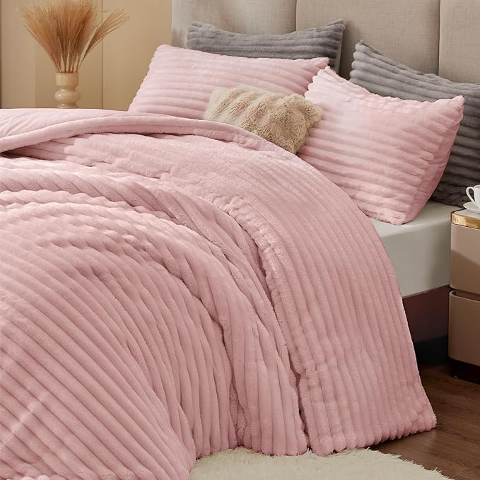 BEDELITE Fleece Full Comforter Set, Fluffy Bed Set, Pink | Super Soft & Warm Bedding, Luxury Fuzzy Faux Fur Comforter for Winter, Heavy Plush Bedding, with 2 Pillowcases