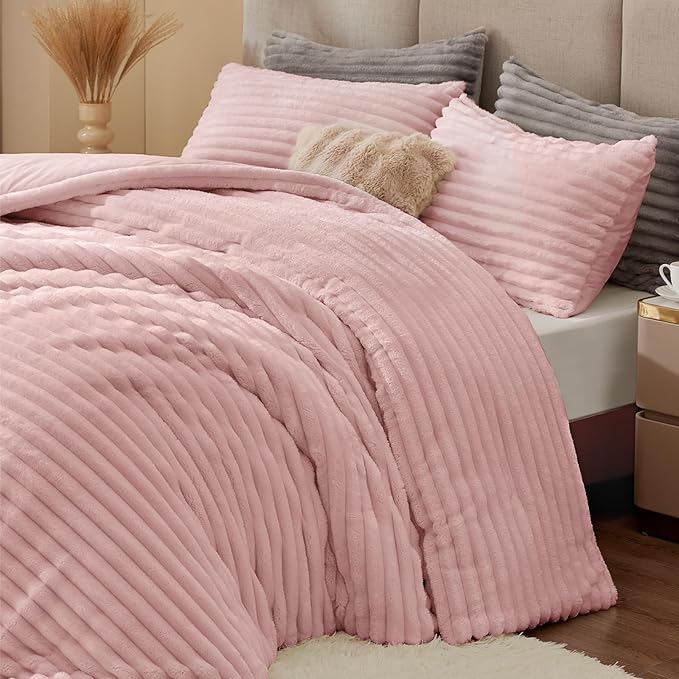 BEDELITE Fleece California King Comforter Set, Fluffy Bed Set, Pink | Super Soft & Warm Bedding, Luxury Fuzzy Faux Fur Comforter for Winter, Heavy Plush Bedding, with 2 Pillowcases