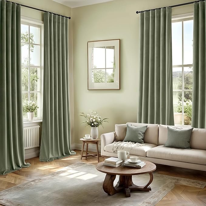 MIULEE Velvet Curtains 50W x 108L 2 Panels Sage Green Blackout Curtains | Luxury velvet fabric, pinch pleat design, back tab hooks, thermal insulated, blackout light blocking, for living room bedroom