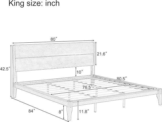 Merax King Size Bamboo Platform Bed Frame with Tall Headboard, Brown | Mid-Century Modern Solid Bedframe King-Size, Wood Slat Support, No Box Spring Needed, Easy Assembly, Noise Free