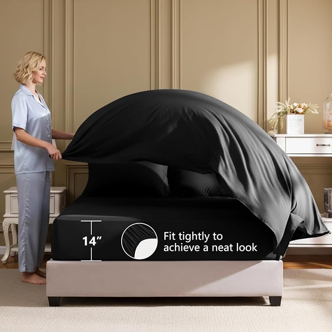 HIMEET California King Comforter Set, 7-Piece Point-Quilted, Black | OEKO-TEX Certified, Lightweight 240 GSM Comforter, Flat Sheet, 14-Inch Deep-Pocket Fitted Sheet, Pillowcases & Shams