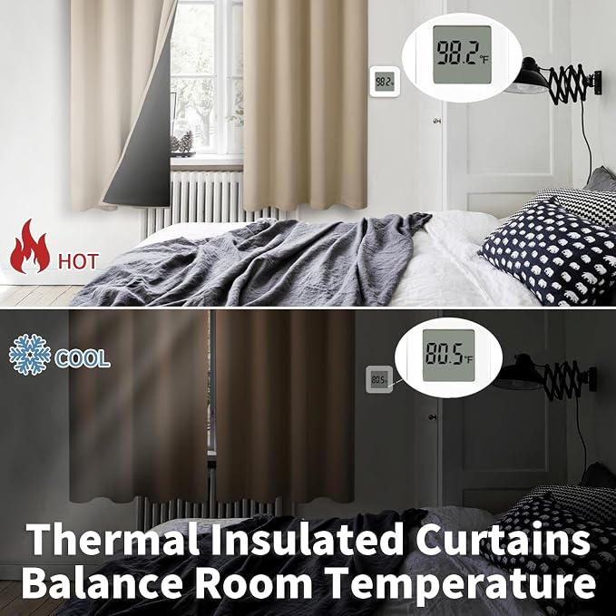 BGment Thermal Insulated 100% Blackout Curtains for Bedroom with Black Liner, Double Layer Full Room Darkening Noise Reducing Grommet Curtain (52 x 90 Inch, Sand, 2 Panels)