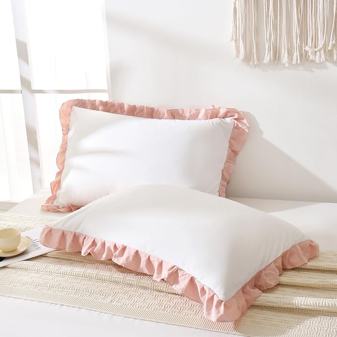 Merryword Pink Pillow Shams White and Pink Reversible King Pillowcases Cute Pillow Cover Set of 2 Soft Shabby Chic Ruffled Pillowcases 2 Pack (King (20''x36''), White Pink)