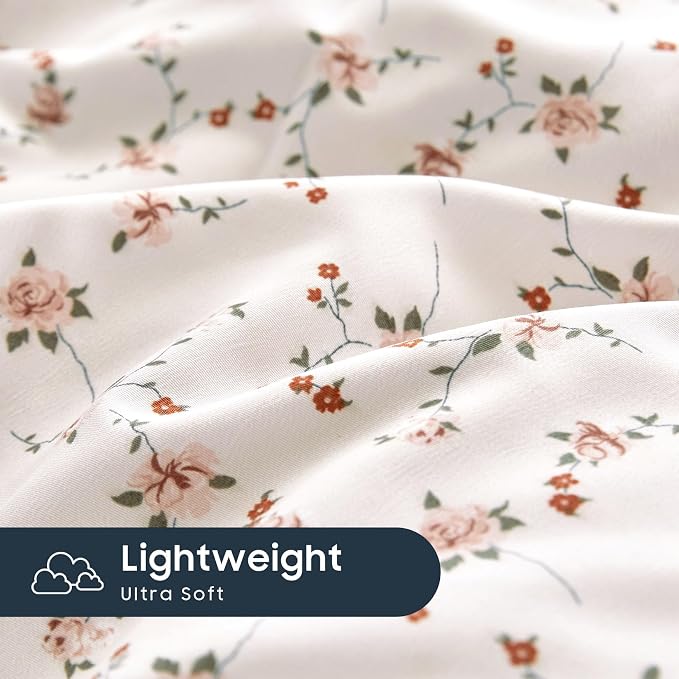 Wake In Cloud - Floral Duvet Cover Set, Coquette Cottagecore Aesthetic Cute Flower Pattern for Women Teen Girls, Soft Lightweight Bedding, 3-Piece, Pink, Full Size