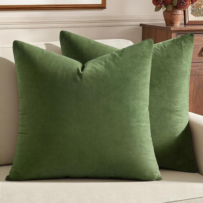 MIULEE Velvet Throw Pillow Covers 18x18 Inch Pack of 2 Moss Green | Soft Solid Decorative Pillow Covers, Modern Luxury Home Decor, for Couch Chair Sofa Bedroom Livingroom