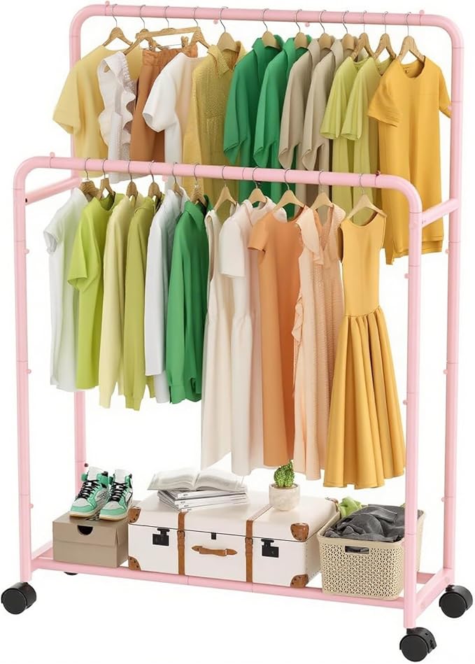 Simple Trending Clothing Clothes Rack, Double Rod Garment Rack, Pink | Portable Closet with Bottom Shelf, Anti-Slip Stoppers, 360° Lockable Wheels, Multiple Uses, Bedroom, Laundry Room
