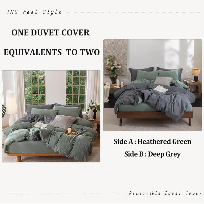 BDEAR 3Pcs Duvet Cover Set King Size 104" Wx90 L,Heathered Green and Grey | 100% Washed Cotton, 1 Duvet Cover with 2 Pillowcases, Zipper Closure, OEKO TEX Standard,8 Corner Ties,Linen-Liked Texture