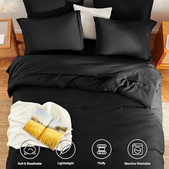 HIMEET California King Comforter Set, 7-Piece Point-Quilted, Black | OEKO-TEX Certified, Lightweight 240 GSM Comforter, Flat Sheet, 14-Inch Deep-Pocket Fitted Sheet, Pillowcases & Shams