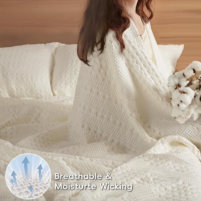 PHF Lightweight 100% Cotton Waffle Blanket for Bed, Queen, Ivory | Pre-Washed Soft Cotton Comfort, Breathable Layering Warmth for Fall & Winter, Bed, Sofa, Couch, Home Decor & Gifts