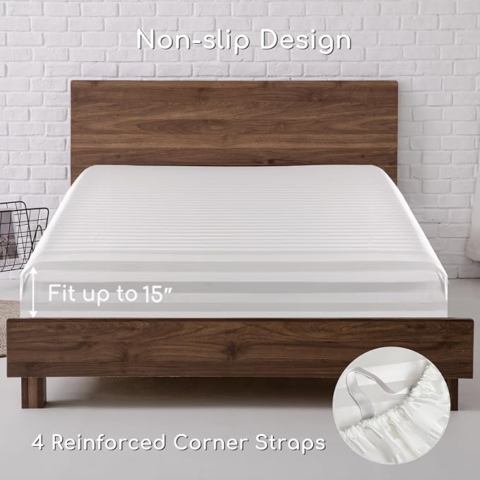 MR&HM Satin Sheets King Size with Elastic Corner Straps, Ivory Striped | Similar to Silk, 4-Piece Silky Soft Bed Sheet Set, Gentle on Skin and Hair, 15" Deep Pocket, Cooling & Breathable