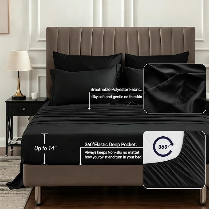 BEDELITE King Comforter Set 7 Pieces, Solid Black Bed in A Bag | Soft All Season Down-Alternative Comforter, Sheets, Pillowcases & Shams, OEKO-TEX Certified Bedding for Bedrrom, Guest Room