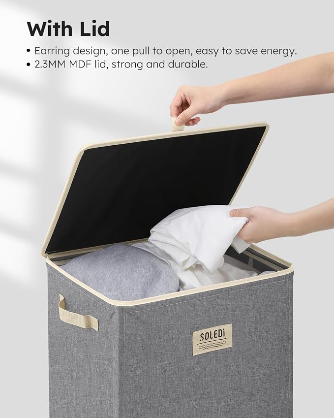 SOLEDI Laundry Hamper with Lid 100L Large & Tall Collapsible Laundry Basket, Clothes Hamper with Bag Removable Easy to Carry, Dirty Hampers for Bedroom, Bathroom, Dorm, College, Light Grey