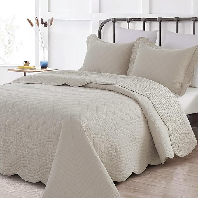 meadow park Quilt Set Queen Size - 3 Pieces, 100% Cotton Lightweight Coverlet with Diamond Pattern and Scallop Edges, Ultra Soft, Pet-Friendly, All-Season Use, Taupe