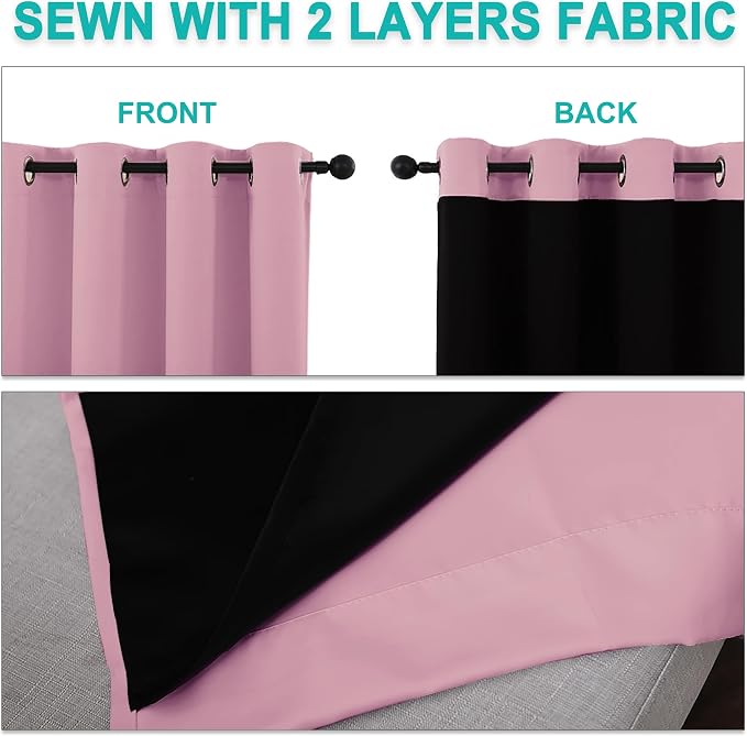NICETOWN 100% Blackout Curtains with Black Liners, Thermal Insulated Full Blackout 2-Layer Lined Curtains, Energy Efficiency Window Draperies for Dining Room (Crystal Pink, 2 Panels, 52" W by 45" L)