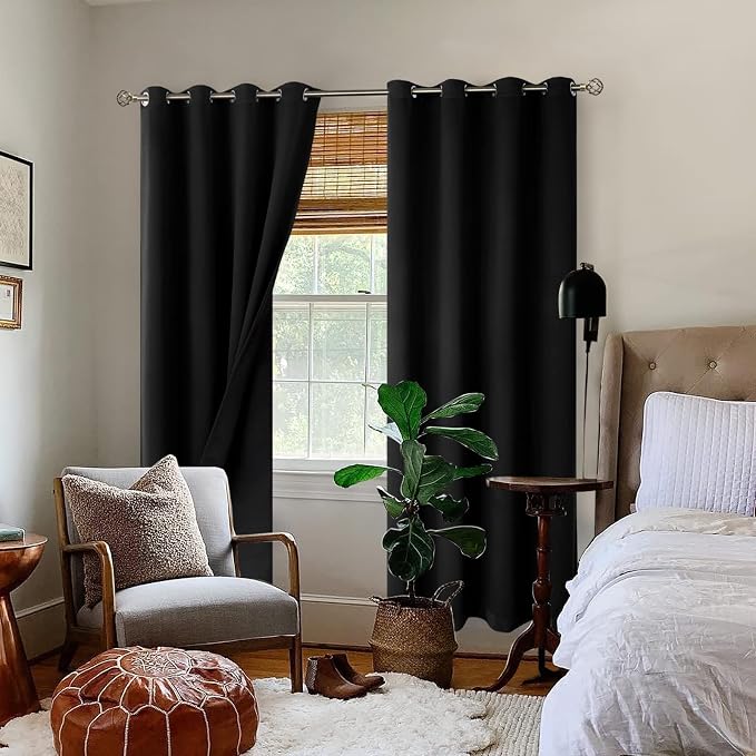 BGment Thermal Insulated 100% Blackout Curtains for Bedroom with Black Liner, Double Layer Full Room Darkening Noise Reducing Grommet Curtain (46 x 90 Inch, Black, 2 Panels)