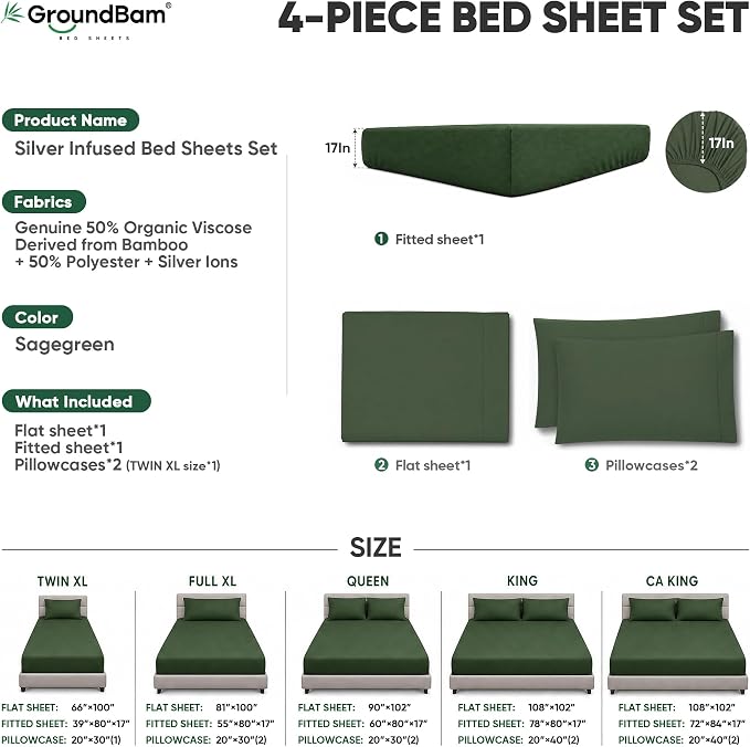 Silver Infused Bed Sheets Set, Temperature-Regulating Fabric with Self-Cleaning Technology for 3X Freshness Sleep, Soft and Cool-to-the-Touch Lightweight Bedding Set (SageGreen, FullXL)