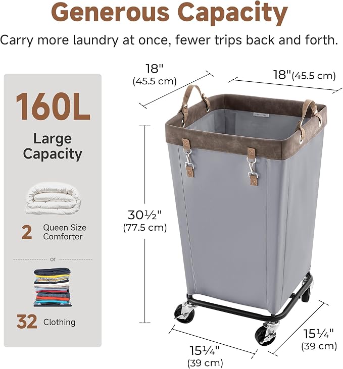StorageWorks 160L Laundry Basket with Wheels, Rolling Hampers for Clothing | Light Grey Laundry Basket with Wheels, Metal Frame & Handles, Rolling Hamper for Bedroom, Bathroom, Dorm, Hotel