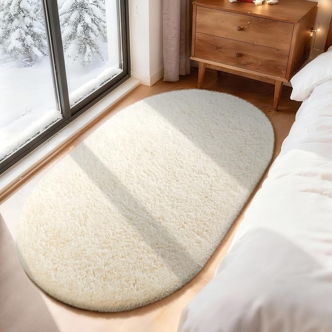 Ophanie 3x5 Oval Ivory Rugs for Bedroom Living Room,Fluffy Fuzzy Furry Carpet,Plush Soft Shaggy Indoor Floor Area Rug for Kids Girls Boys Baby Teen Dorm Decor with Over 99 pcs Pile fibers
