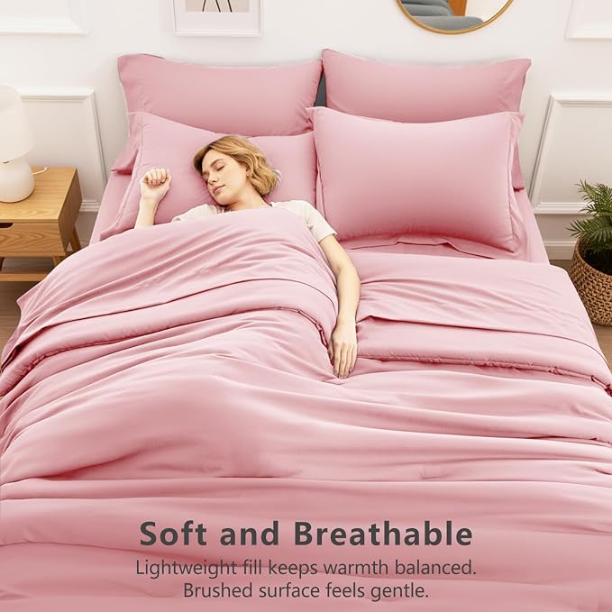 HIMEET Queen Comforter Set, 7-Piece Point-Quilted Bed in a Bag Pink | OEKO-TEX Certified, Lightweight 240 GSM Comforter, Flat Sheet, 14-Inch Deep-Pocket Fitted Sheet, Pillowcases & Shams
