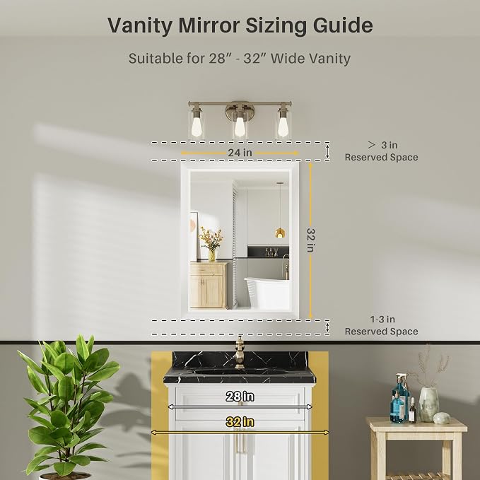 Bathroom Wall Mirror, White Metal Frame, 24x32 Inch | Anti-rust, HD tempered glass, for bathroom vanity, bedroom, living room, horizontal or vertical mount