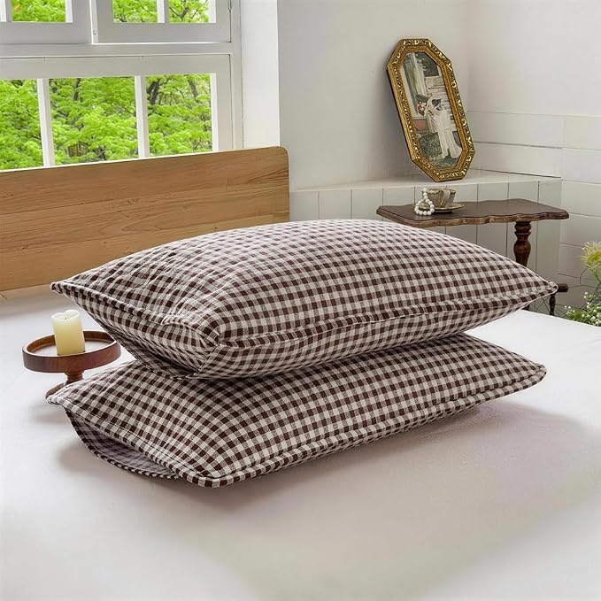 NSNLGSGC Mocha Gingham Queen Summer Bedspread Quilt Set | Pre-washed Microfiber,Lightweight Checked Grid Bedding Coverlets for All Seasons