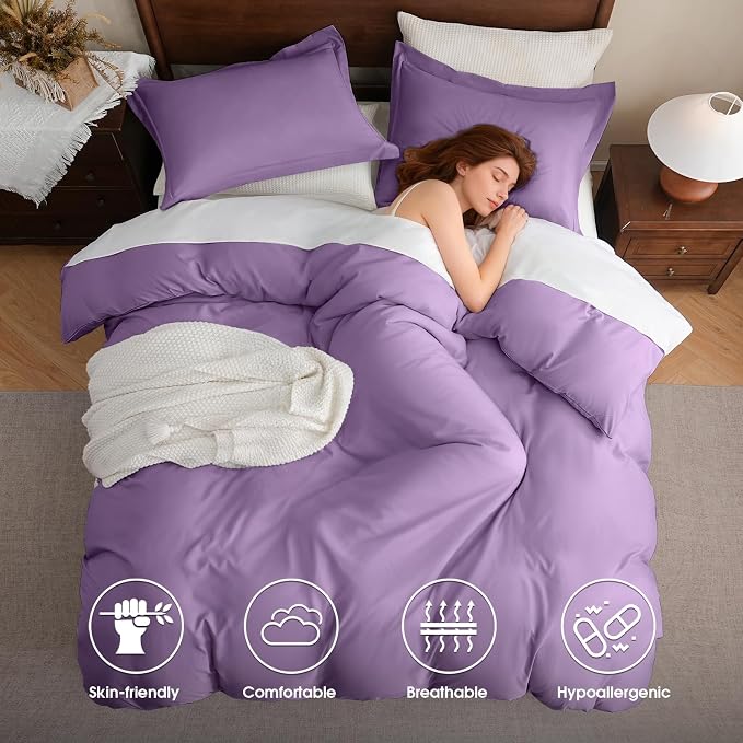 FreshCulture Twin Duvet Cover - 2 Pieces Microfiber Duvet Cover Set with Zipper Closure - Lightweight & Easy Care - 1 Comforter Cover & 1 Pillow Sham - Comforter Not Included (Purple)