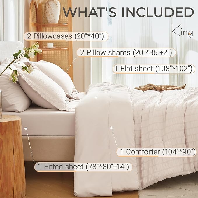 7 Pieces King Comforter Set, Seersucker Bed in a Bag King Size, All Season Luxury Bedding Set with Comforter, Flat Sheet, Fitted Sheet, Pillowcases & Shams, Beige