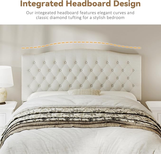 Queen Headboard Only, Linen Classic Tufted Design, Ivory | 2 installation options: 1.bed frame mount 2.wall mount (for adjustable bed), Classic hand-tufted headboard king size