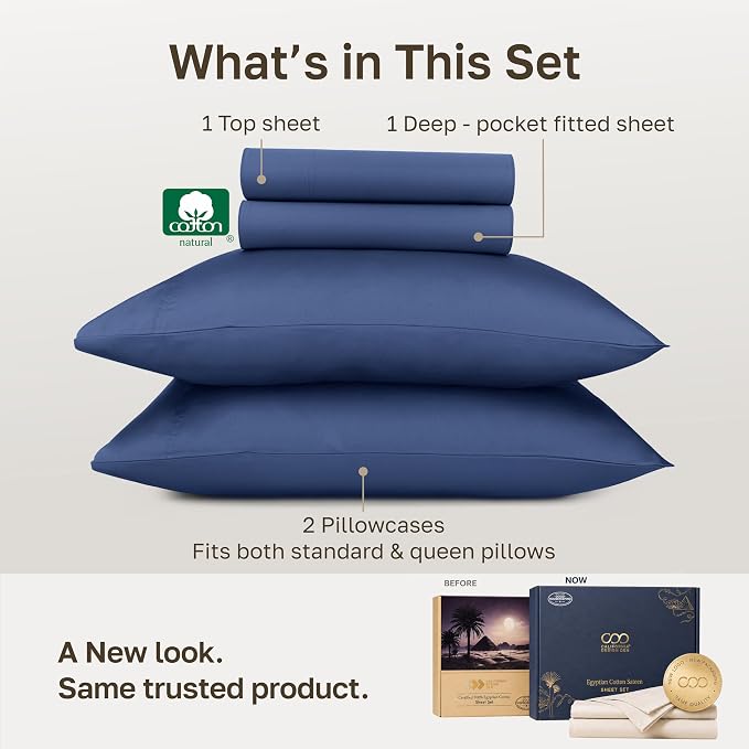 California Design Den 100% Egyptian Cotton Queen Size Bedsheets, Navy Blue | Backed by Good Housekeeping Seal, Light & Airy Soft Sateen, 16" Deep Pocket, All-Around Elastic, Durable, Easy Care 4pc Set