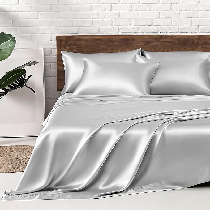MR&HM Satin Sheets King Size with Elastic Corner Straps, Silver Grey | Similar to Silk, 6-Piece Silky Soft Bed Sheet Set, Gentle on Skin and Hair, 15" Deep Pocket, Cooling & Breathable