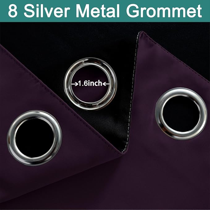 Yakamok Dark Purple 100% Blackout Curtains 84 Inches Long 52" Wide 2 Panels | Blackout Curtain Panels for Bedroom, 2 Thick Layers Grommet Top Thermal Insulated Drapes with Black Liner for Living Room