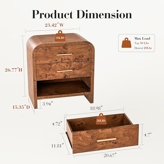 Night Stand Set of 2, 3-Drawer | [Curved Profile] [FSC-Certified Wooden Board] Nightstand 26.7"H Metal Handle Modern Bedside Table Side Table End Table