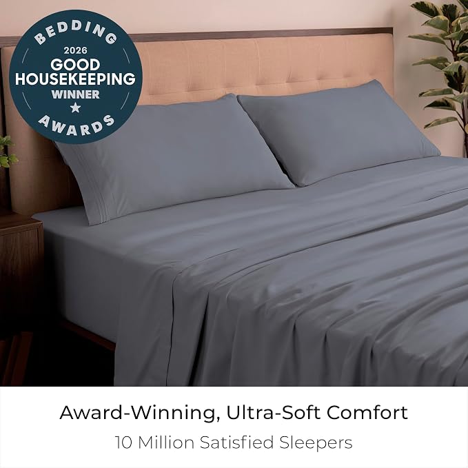 Mellanni Iconic 4-Piece, Ultra Soft Sheet Set (King, Mineral Gray) | 10M+ Sleepers. Lab-tested: Sleeps Cool, Stays Bright, Strong, Smooth. Good Housekeeping Best Bedding, 7 yrs running.