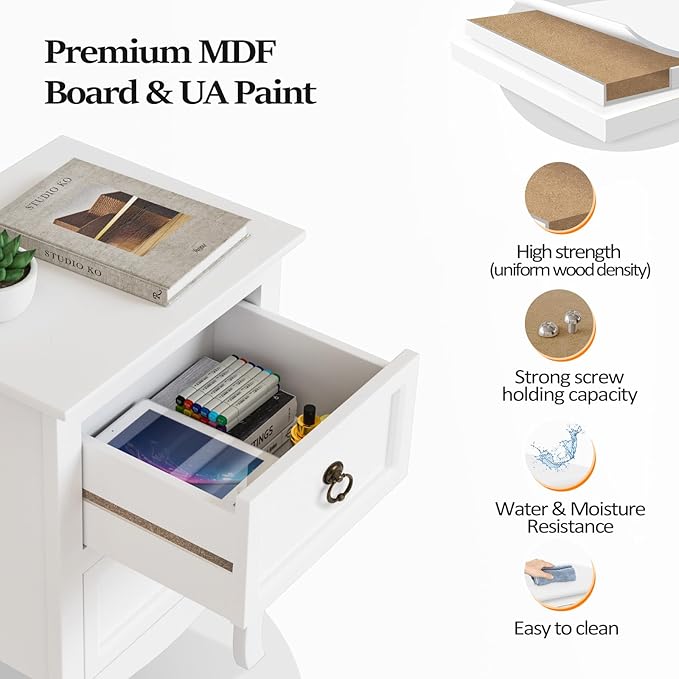 Bonnlo White Nightstand, Tool-Free Setup Night Stand, 2 Drawer Bedside Table for Bedroom, Easy & Quick Install Small Nightstands, Girls Nightstand for Bedroom, Side Table, End Table for Small Spaces