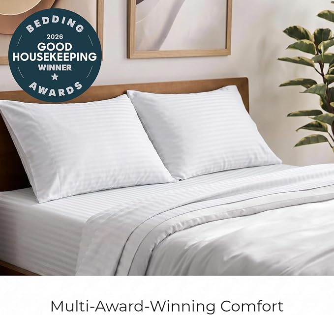 Mellanni Iconic 4-Piece, Ultra Soft Sheet Set (King, Striped White) | 10M+ Sleepers. Lab-tested: Sleeps Cool, Stays Bright, Strong, Smooth. Good Housekeeping Best Bedding, 7 yrs running.