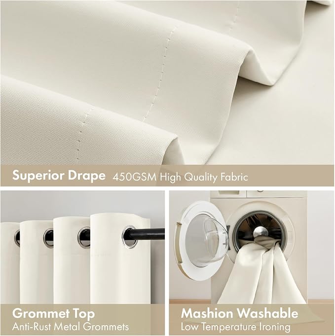 MIULEE Beige White 100% Blackout Curtains for Bedroom 40x72 Inch 2 Panels | 2 Thick Layers Thermal Insulated Window Curtains with Black Liner, Noise Reducing Grommet, Drapes for Living Room