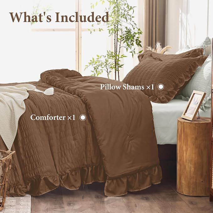 JOLLYVOGUE Oak Brown Twin/Twin XL Comforter Set, 2 Pieces Seersucker Lightweight Fluffy Bedding Set, Twin Ruffle Comforter, All Season Soft Microfiber Shabby Chic Bed Set