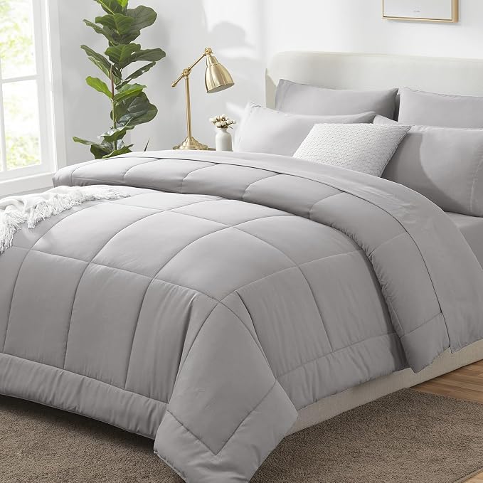 Full Size Comforter Sets French Grey - 7 Pieces Bed in a Bag | OEKO-TEX Certified, All-Season, Bedroom, Guest Room, Down-Alternative Comforter + Flat & Fitted Sheets + 4 Pillowcases