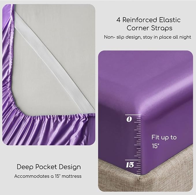 MR&HM Satin Sheets Queen Size with Elastic Corner Straps, Lavender | Similar to Silk, 4-Piece Silky Soft Bed Sheet Set, Gentle on Skin and Hair, 15" Deep Pocket, Cooling & Breathable